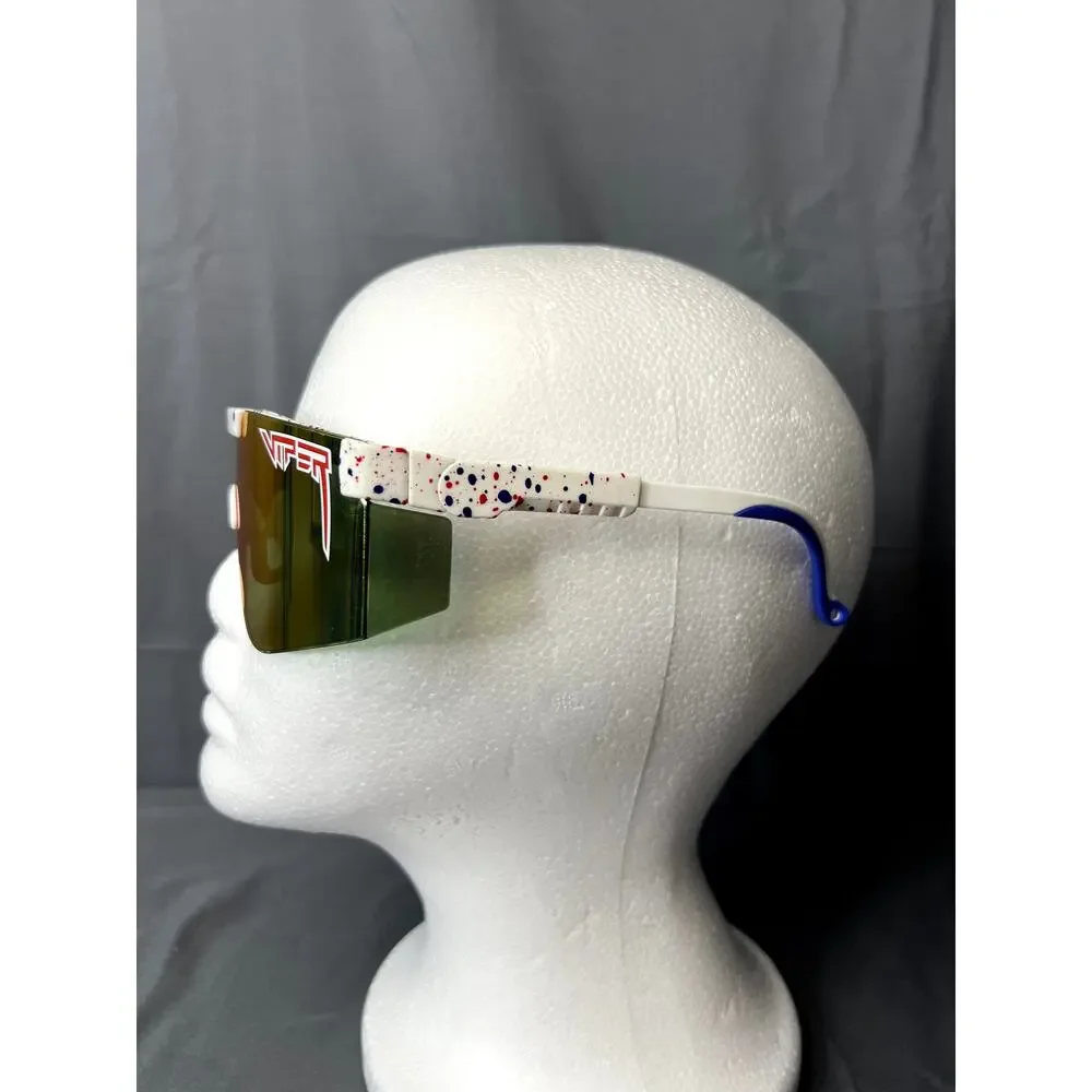 Pit Viper white splatter sunglasses with red and blue accents